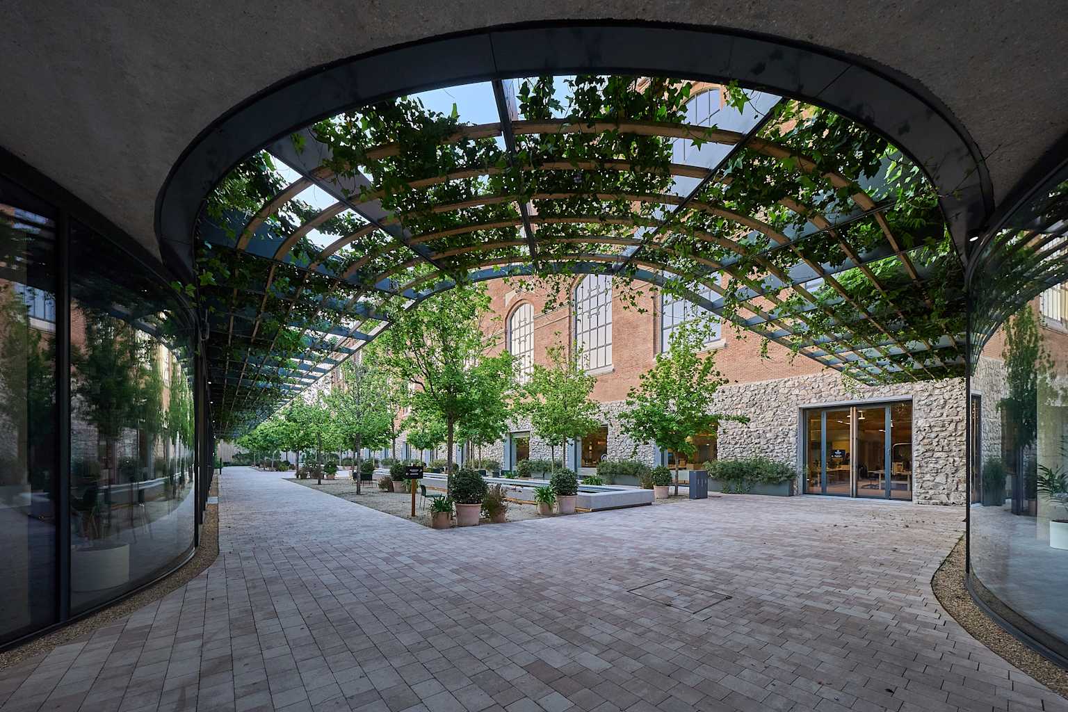 Área exterior contemporánea con un dosel arqueado cubierto de enredaderas, que potencialmente representa las nuevas oficinas de Electronic Arts en Madrid.