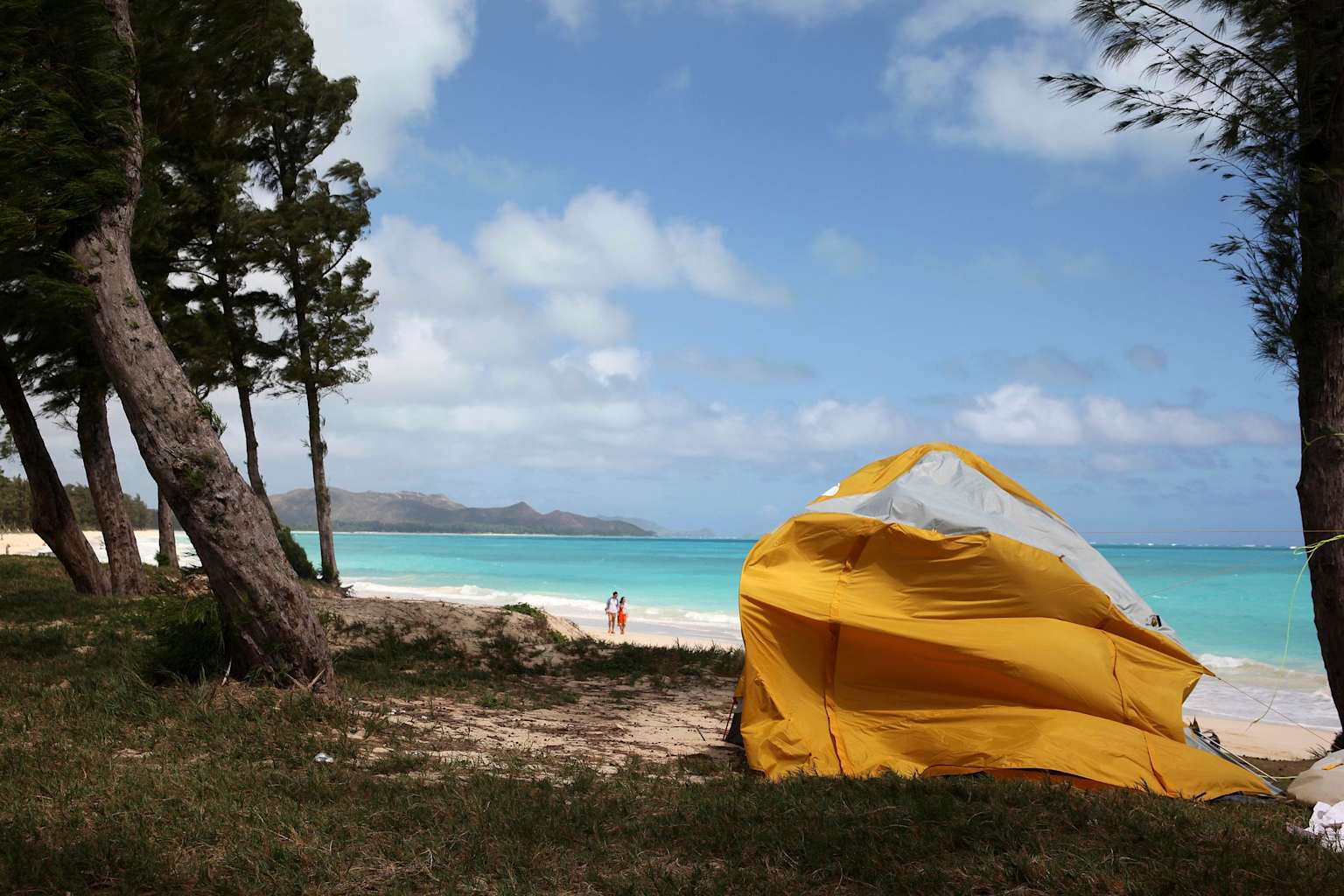A yellow tent pitched near the clear turquoise waters of a Hawaiian beach, highlighting a budget-friendly way to experience the islands
