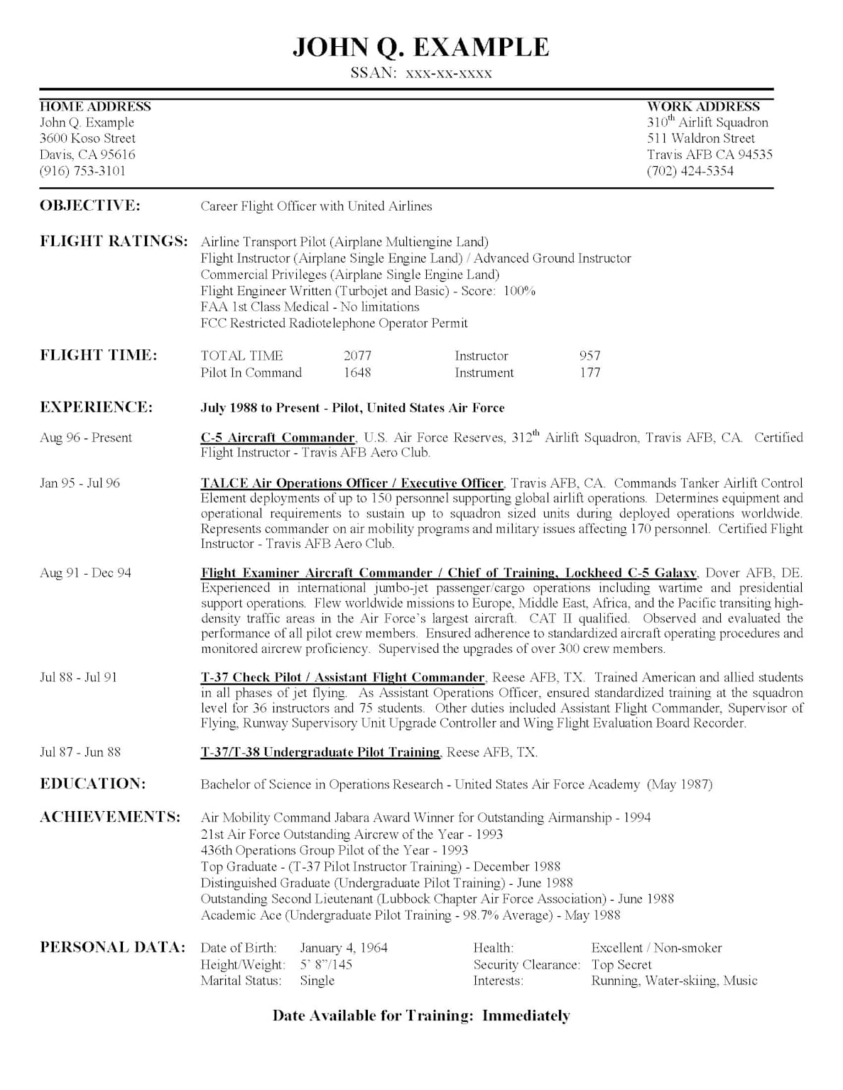 Pilot resume example