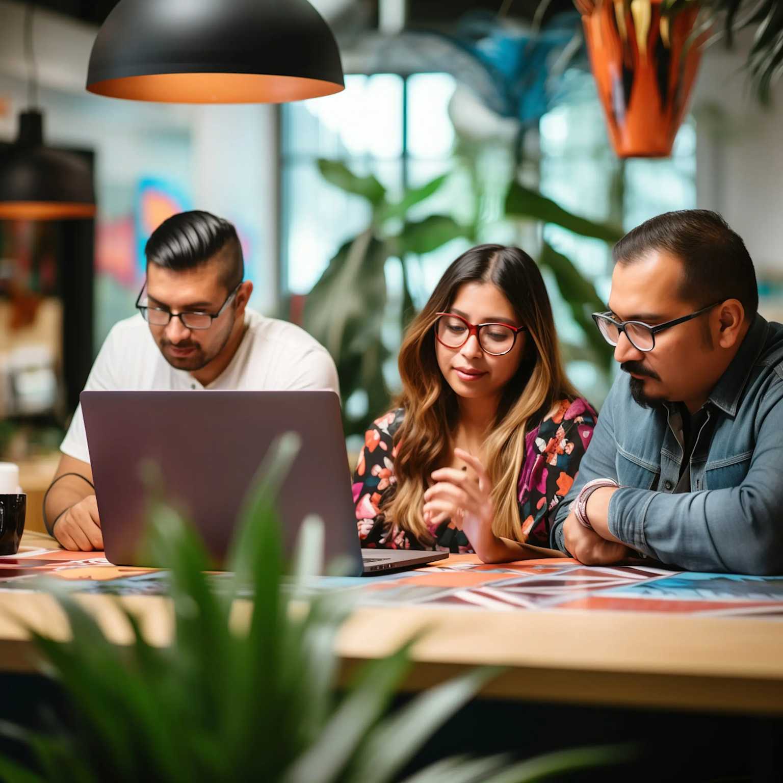 Latin American professionals collaborating remotely in a modern tech workspace.