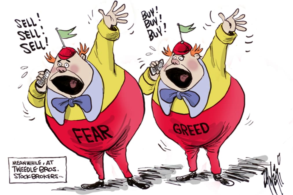 An illustration depicting the emotions of fear and greed driving investment decisions, with "Fear" shouting "Sell! Sell! Sell!" and "Greed" shouting "Buy! Buy! Buy!"
