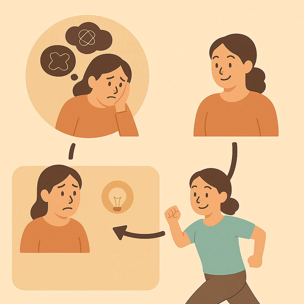 認知行動療法（CBT）のイメージイラスト、左に悩む表情、右に明るく歩く表情、柔らかい色合いで安心感と前向きさを表現