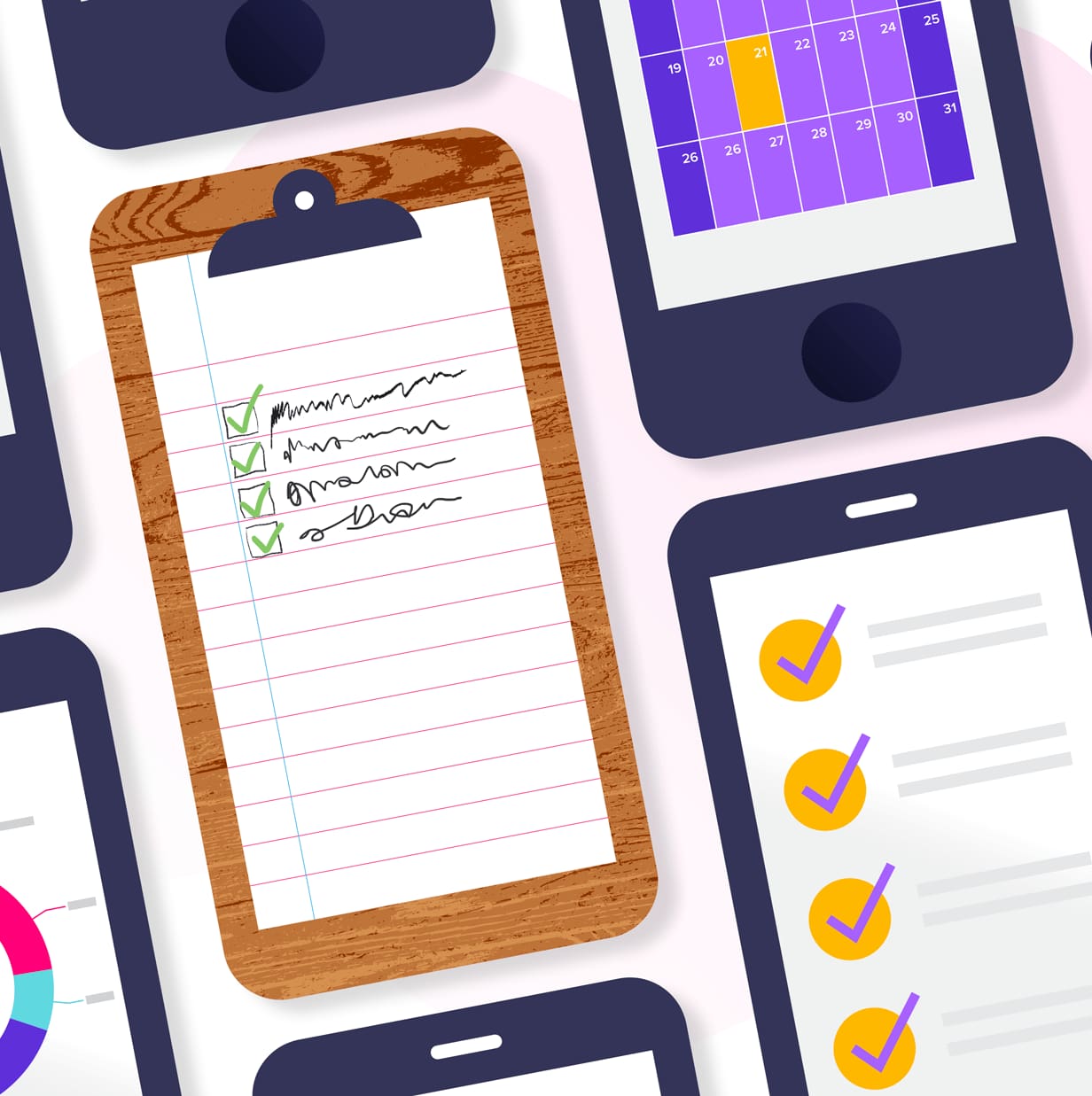 An illustration depicting productivity tools like a clipboard to-do list, a digital calendar, and task tracking apps on smartphone screens.