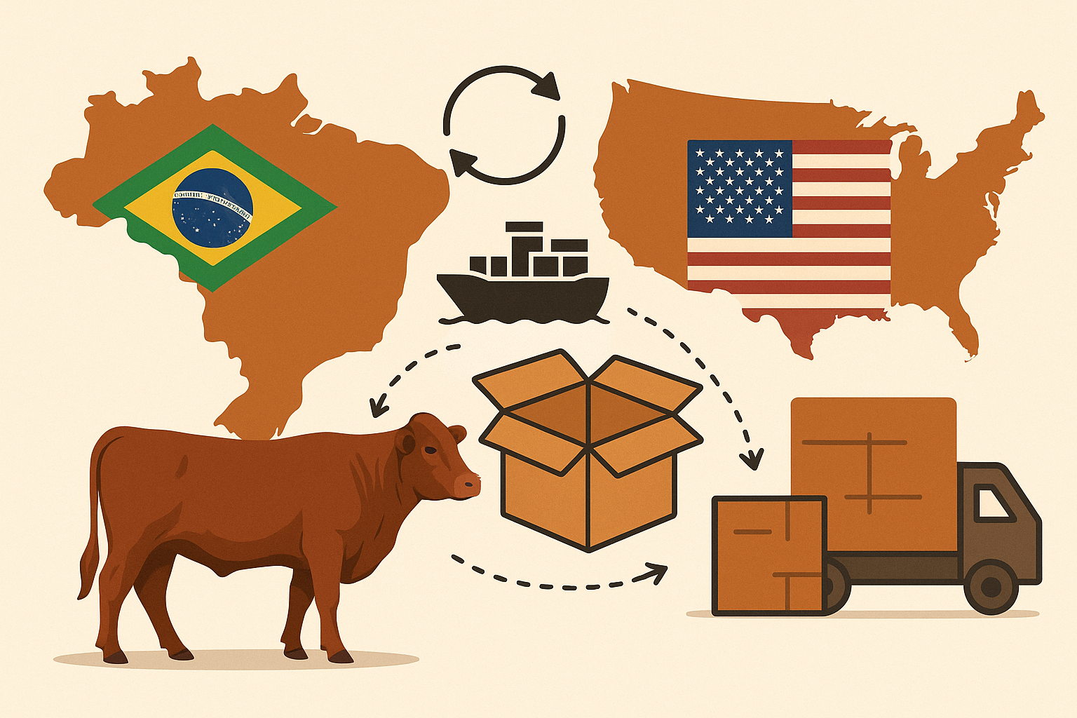 Ilustración de la relación comercial de carne bovina entre Brasil y Estados Unidos