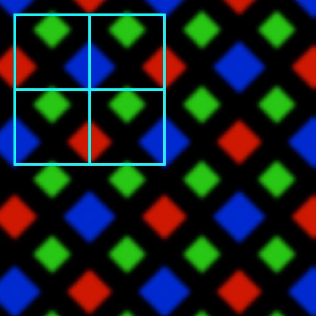 A magnified view showing the diamond-shaped subpixel arrangement of a PenTile matrix, common in OLED displays.