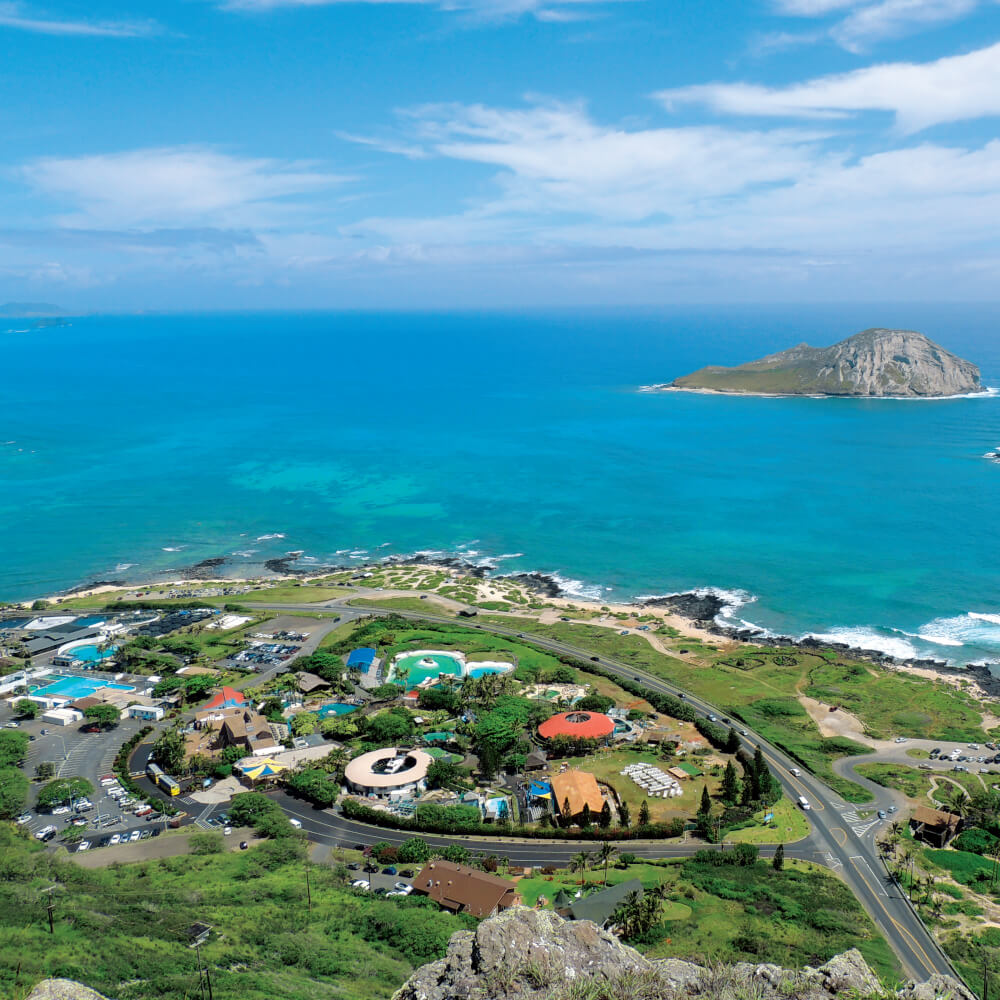 An aerial view of Sea Life Park Hawaii, showcasing its coastal location, various facilities, and surrounding natural beauty, with Manana Island visible in the distance