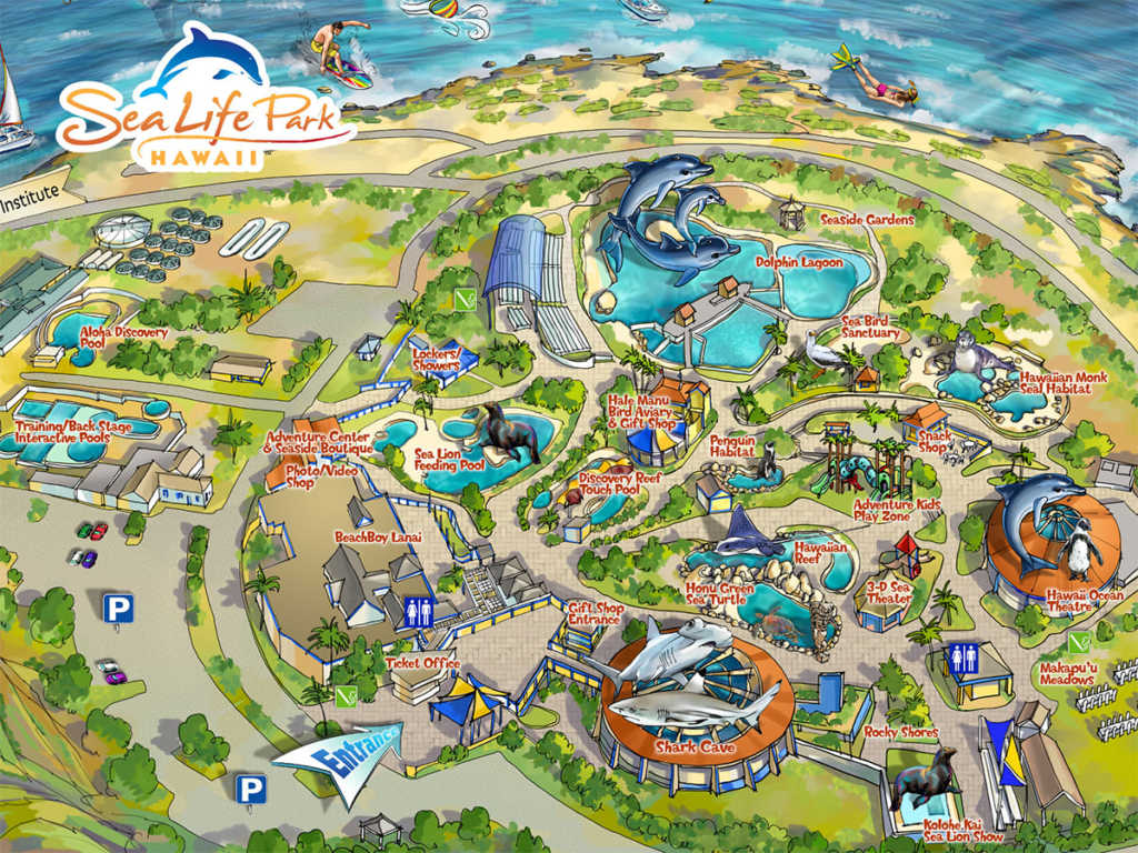 An illustrative map detailing the layout and attractions of Sea Life Park Hawaii