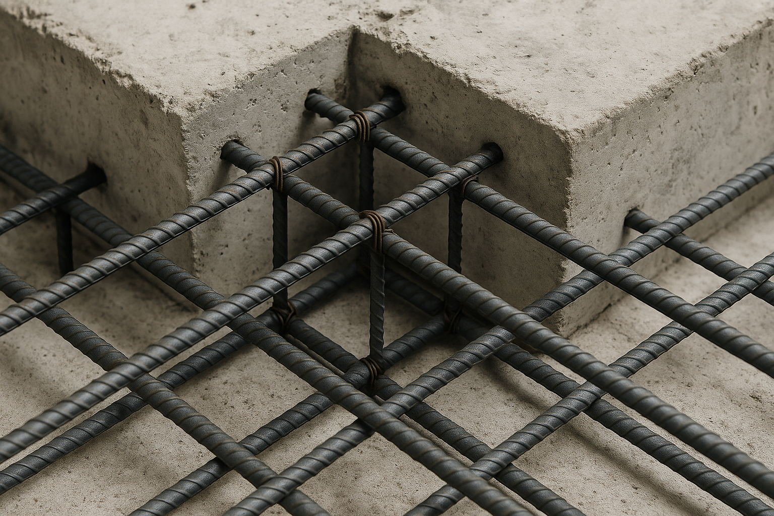 Estrutura de concreto armado evidenciando a união entre concreto e aço