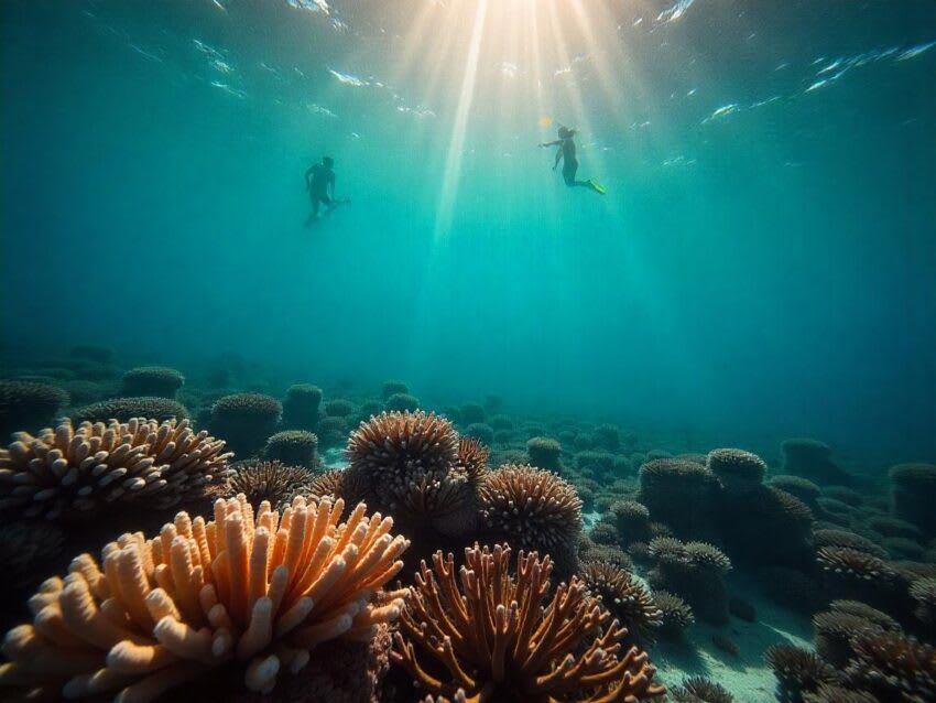 Snorkelers observe a thriving coral reef, illuminated by rays of sunlight in clear ocean waters