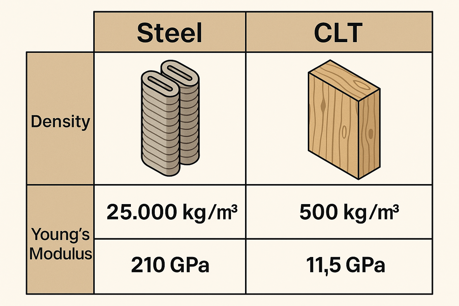Propriedades do aço e madeira CLT comparadas