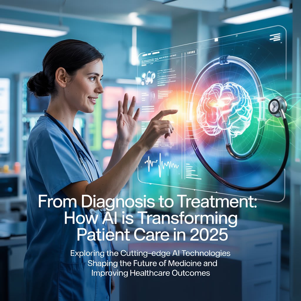 A medical professional interacts with a holographic display illustrating AI's role in future patient care, from diagnosis to treatment