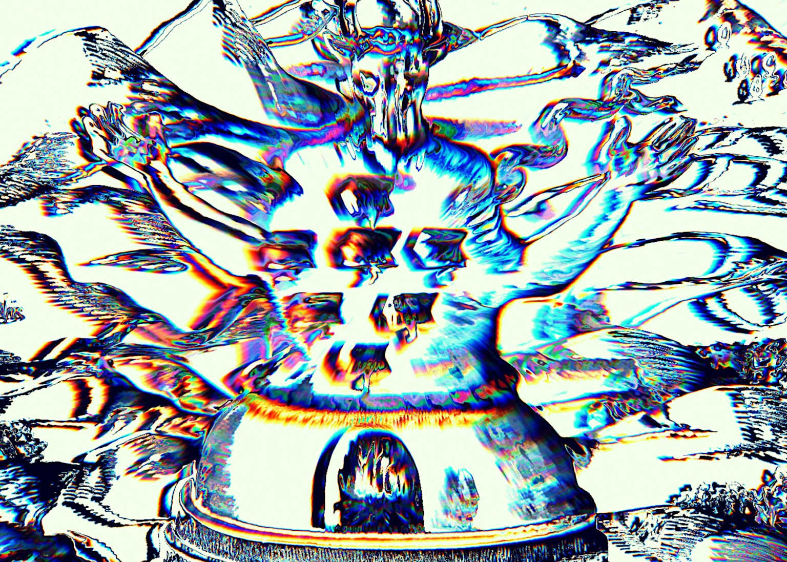 Glitch-art style Moloch illustration