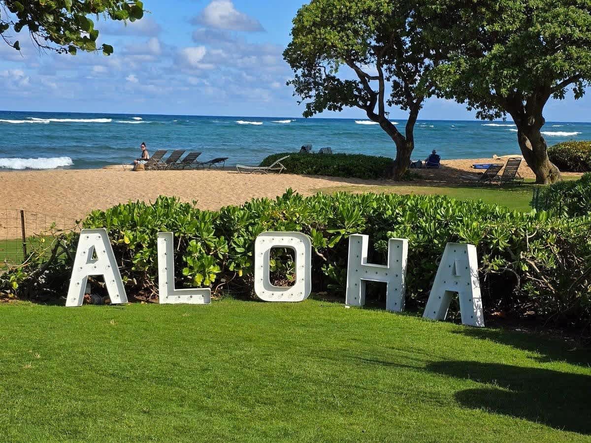 Large white letters spelling ALOHA on a green lawn by a Hawaiian beach with ocean waves and lounge chairs visible in the background