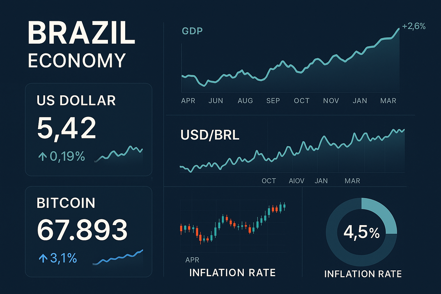 Dashboard econômico brasileiro com gráficos de mercado financeiro