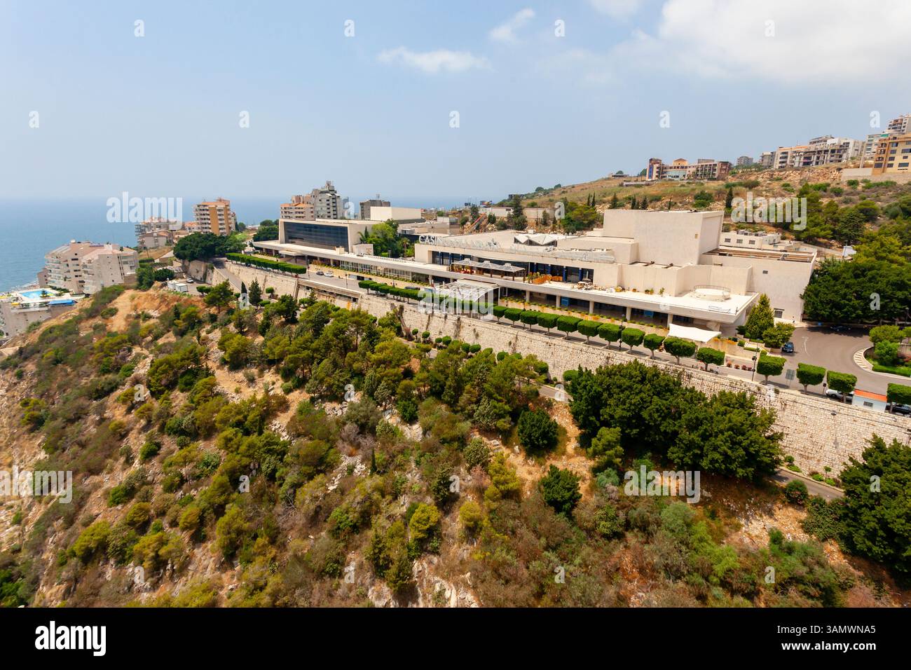 Aerial view of Casino du Liban on a Mediterranean cliff in Lebanon, illustrating its prominent and strategic location