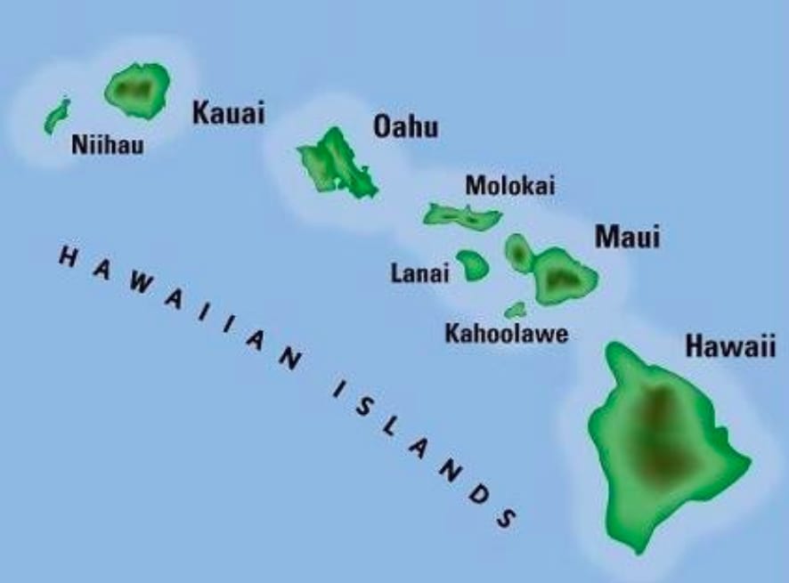 Map showing the main Hawaiian Islands including Niihau, Kauai, Oahu, Molokai, Lanai, Kahoolawe, Maui, and Hawaii (Big Island)
