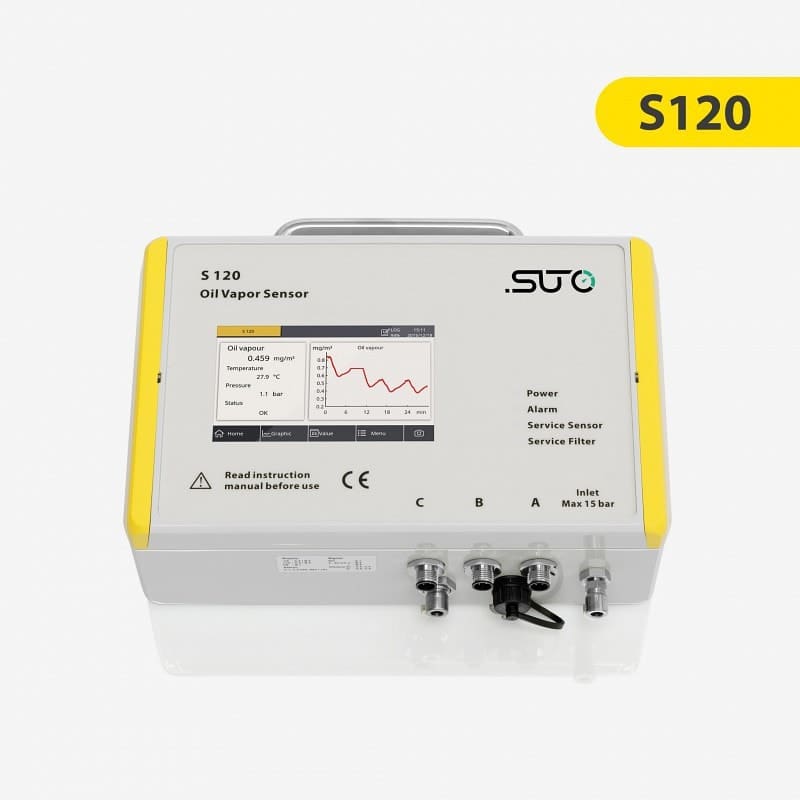S 120 oil vapor sensor showing real-time air quality data for compressed air systems