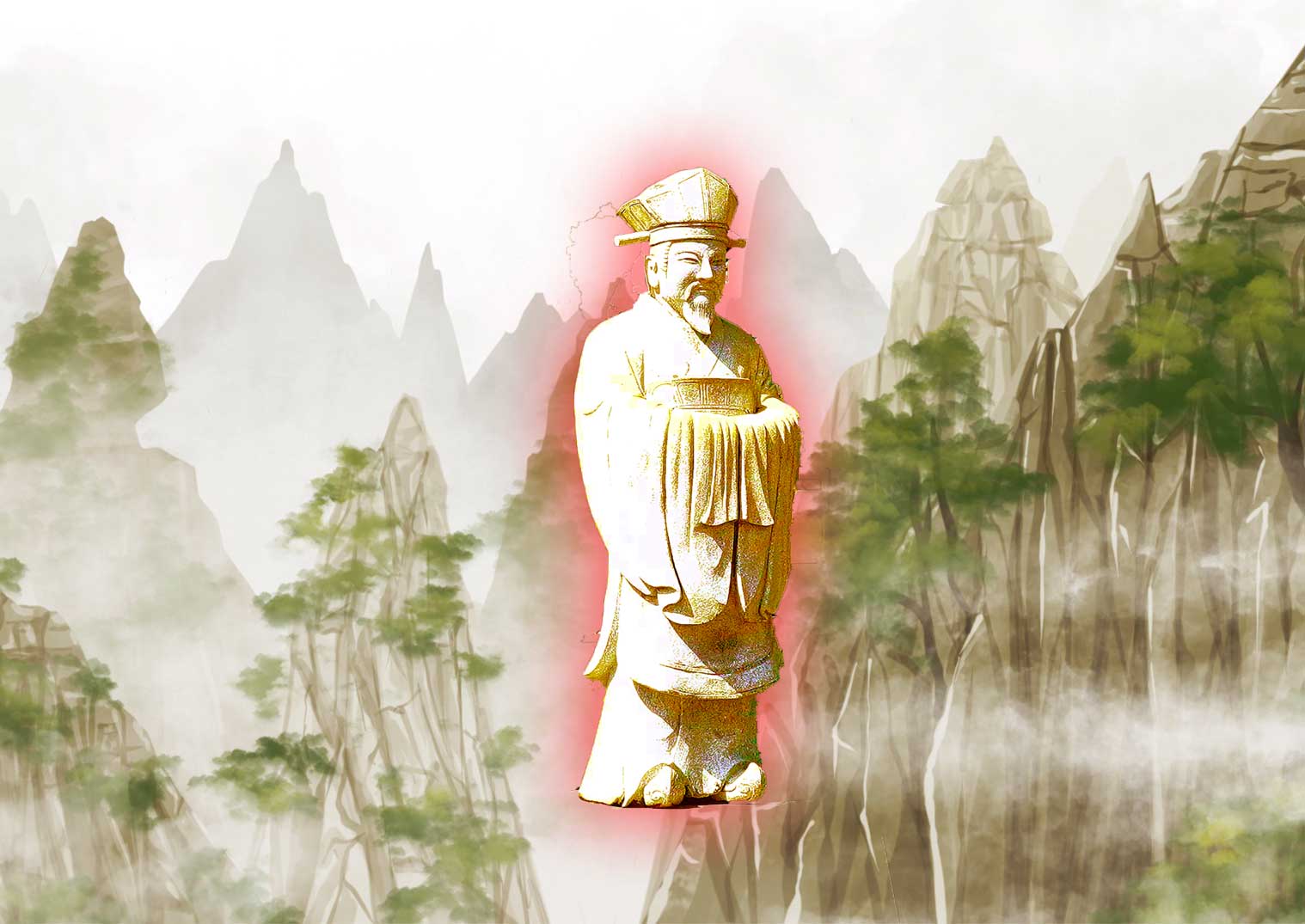 Golden statue of Qin Shi Huang symbolizing the ancient Chinese quest for immortality amid mystical mountains