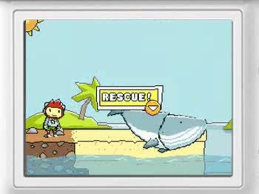 Scribblenauts gameplay interface showing the main character and an interactive command prompt to rescue a whale.