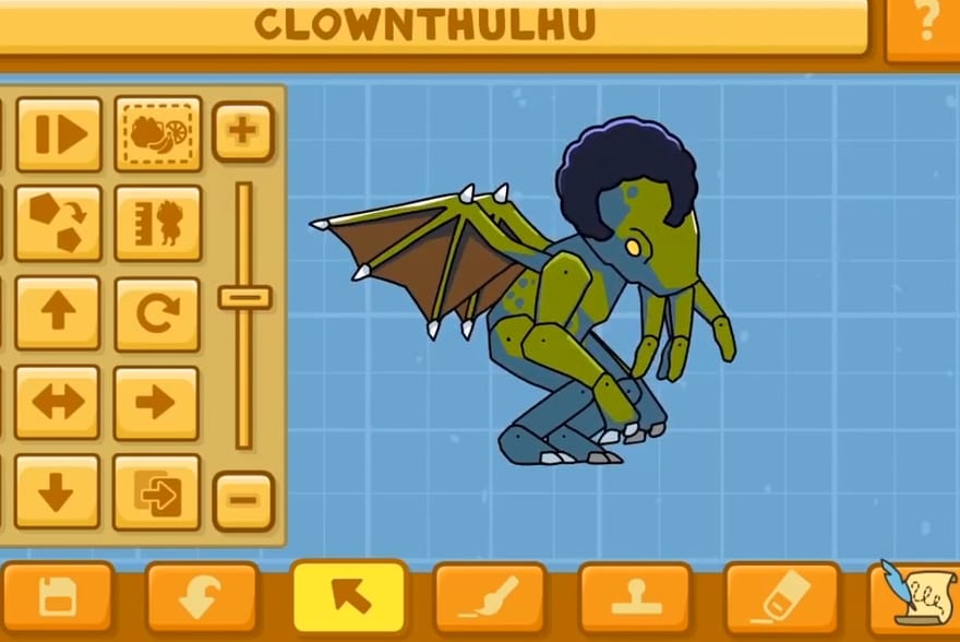 Scribblenauts Objectnaut editor showing a custom character named Clownthulhu with editing controls visible.