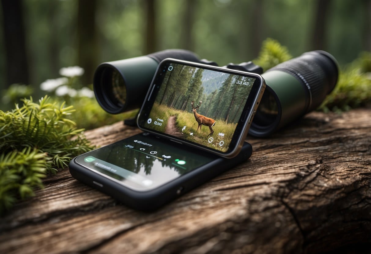 Smartphone app and binoculars used for wildlife observation in a forest setting.