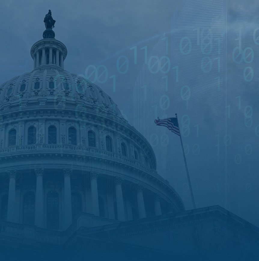 United States Capitol dome with digital binary overlay symbolizing AI and cybersecurity in government