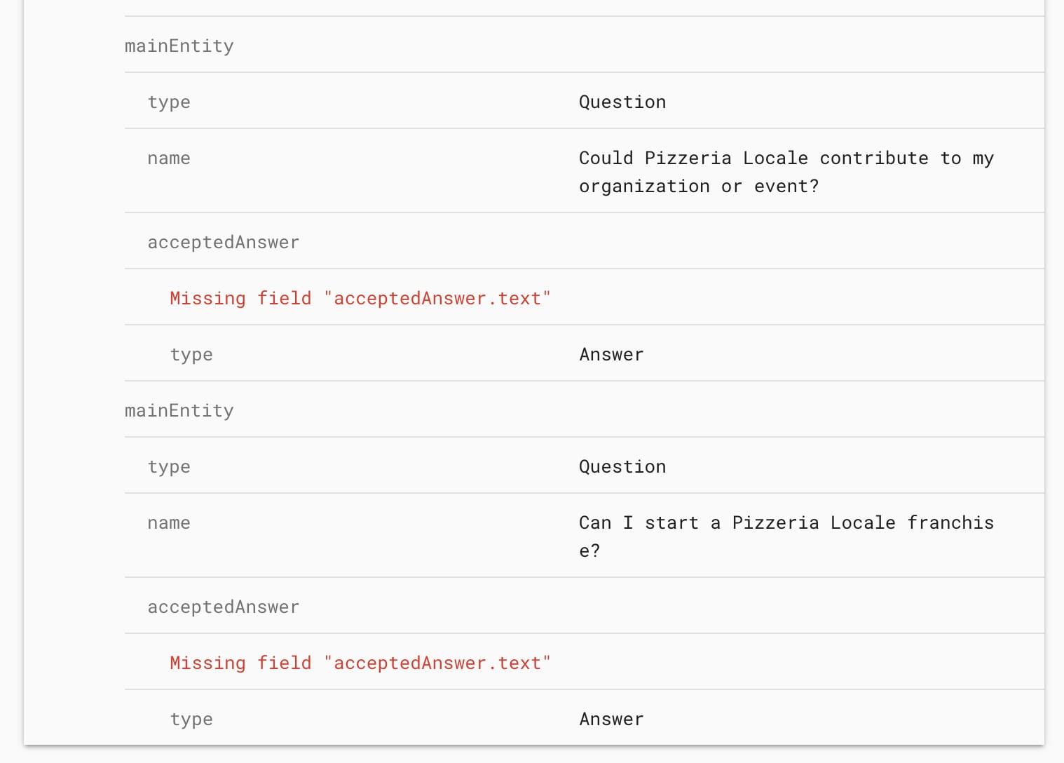 Screenshot showing the missing 'acceptedAnswer.text' field error in FAQ structured data for two questions