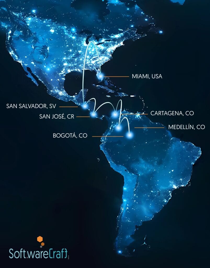Map showing key nearshore technology and business outsourcing hubs in Latin America connected to Miami, USA.