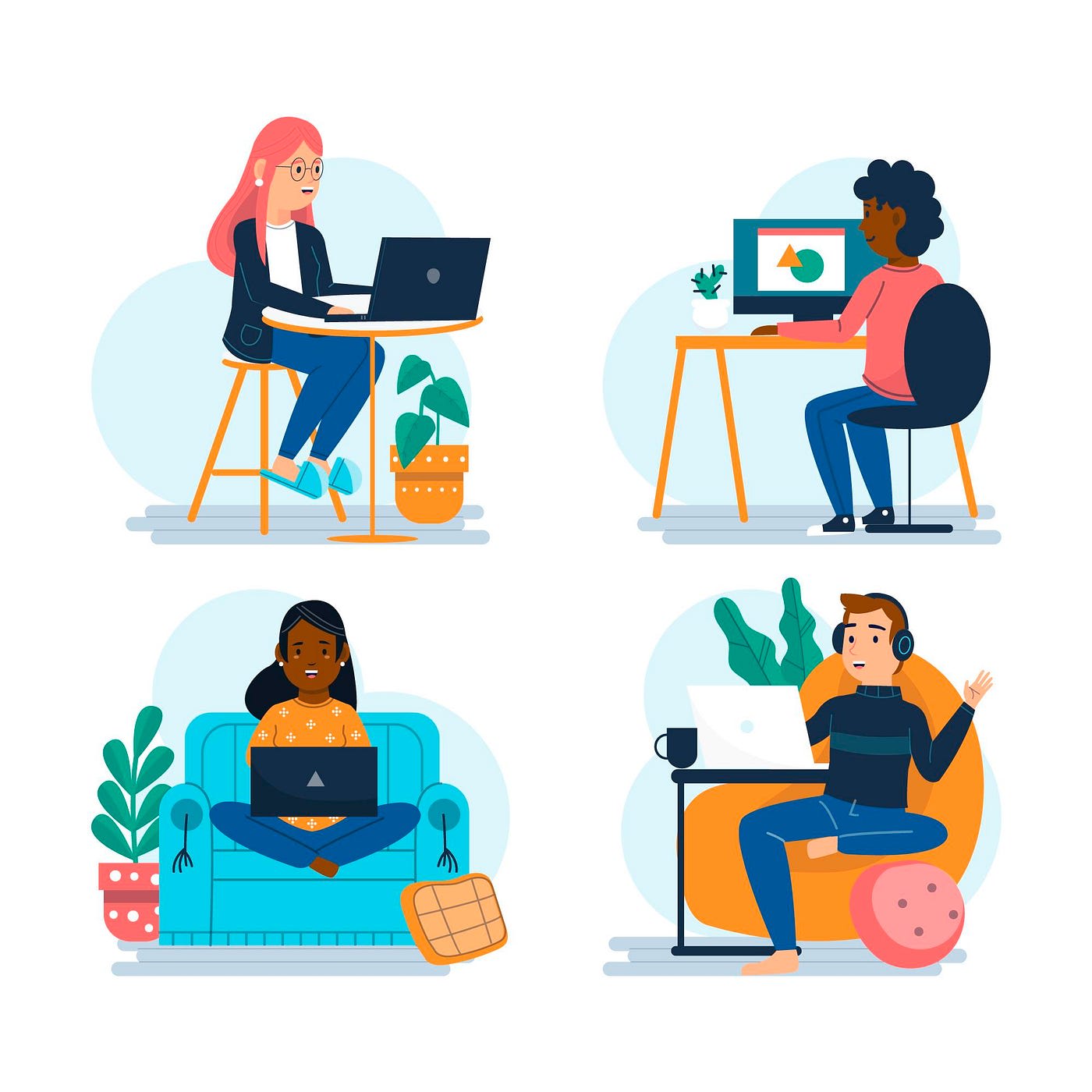 Illustration of diverse remote professionals working from home in various comfortable setups.