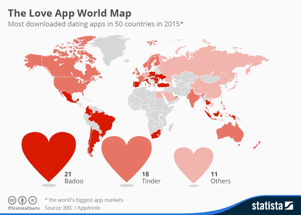Global map showing the most downloaded dating apps by country in 2015, highlighting Badoo, Tinder, and other apps' regional popularity