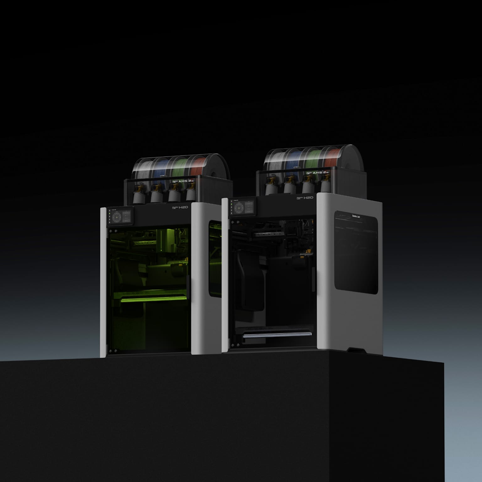 Bambu Lab H2D laser cutting and 3D printing combo machines showcasing advanced multi-material capabilities.