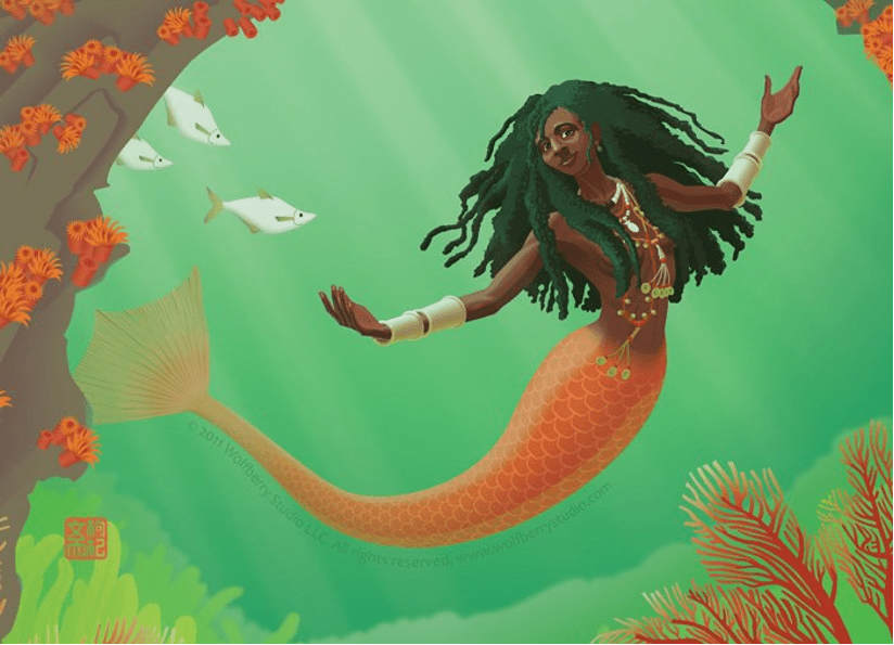 Illustration of Mami Wata, the African mermaid spirit, depicted underwater with traditional jewelry and vibrant colors