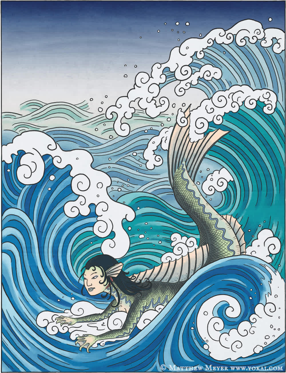 Traditional Japanese ningyo depicted in classic wave patterns, illustrating a mermaid-like creature from folklore