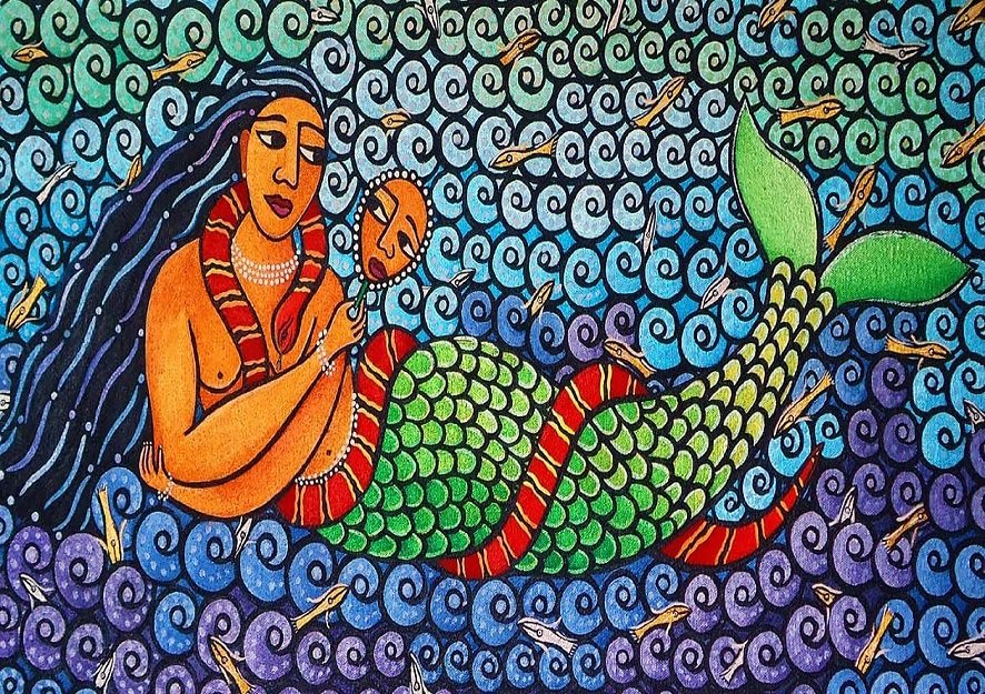 Traditional African depiction of Mami Wata, a spiritual mermaid deity associated with water and healing