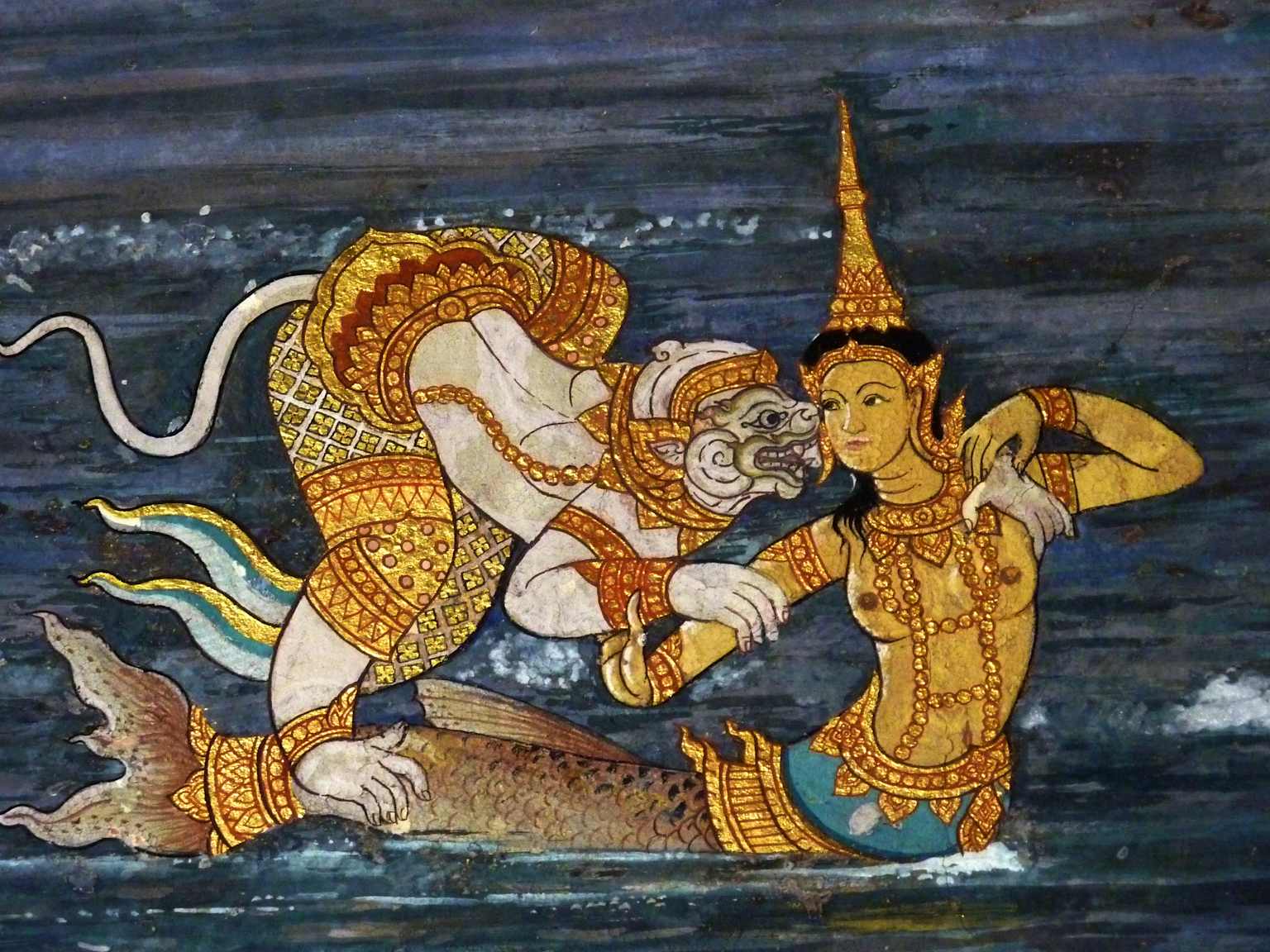 Traditional Southeast Asian mural of Suvannamaccha, the golden mermaid from Hindu mythology, interacting with Hanuman