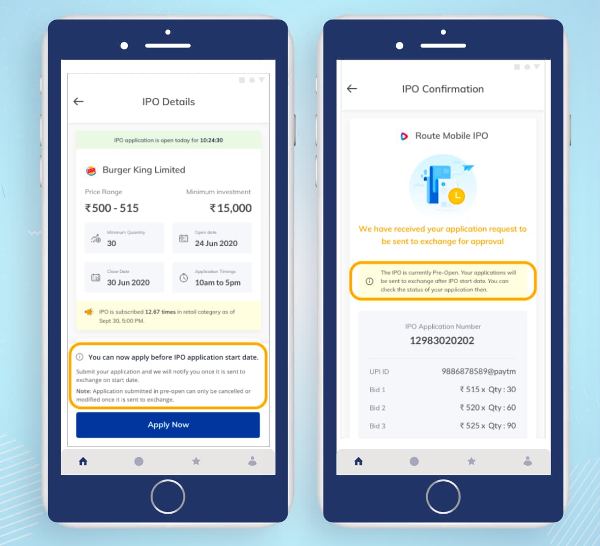 Mobile app interfaces showing IPO details and application confirmation for retail investors in India, highlighting subscription stats and pre-application features
