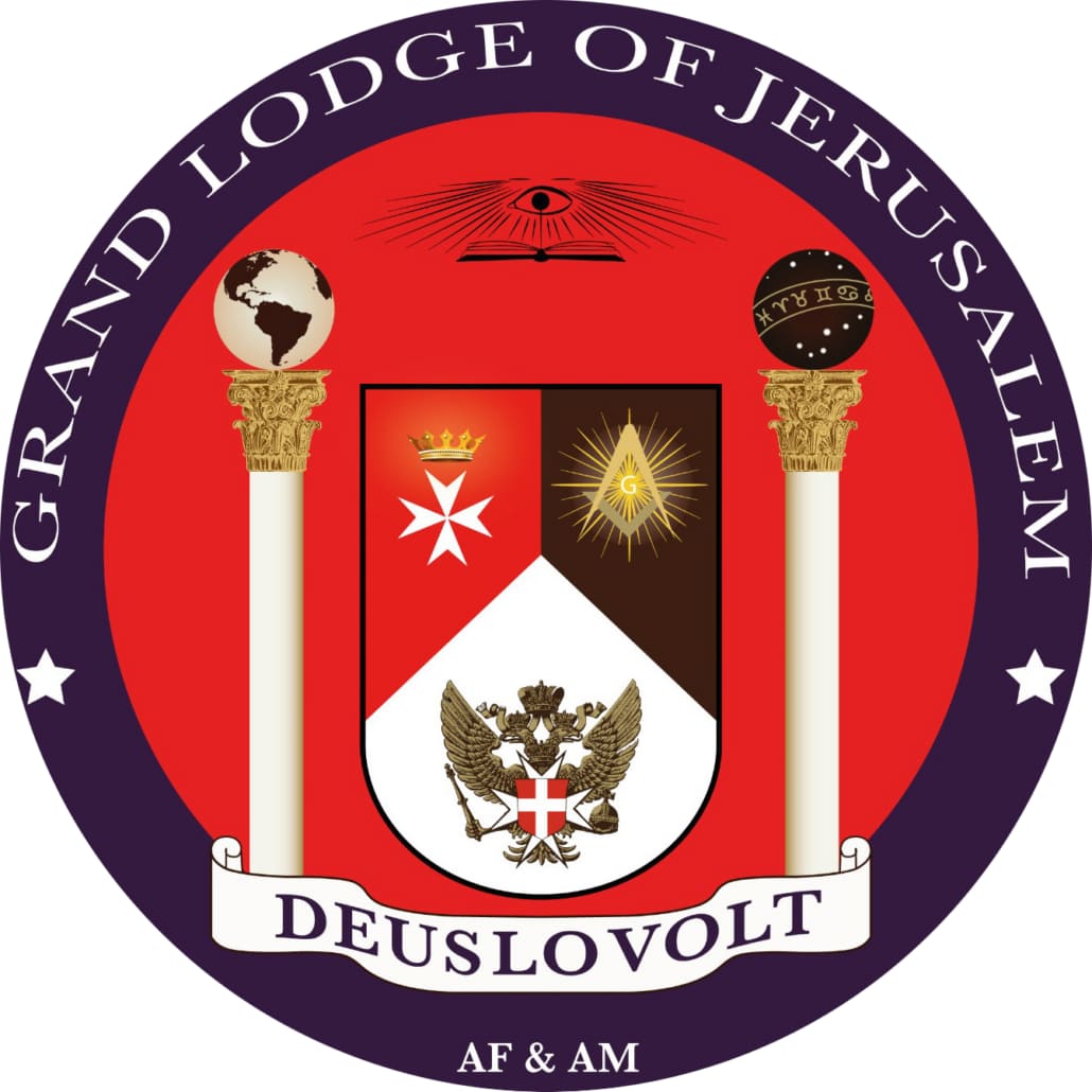 Emblem of the Grand Lodge of Jerusalem, a Masonic lodge in the Middle East, featuring traditional Masonic symbols and Latin motto.