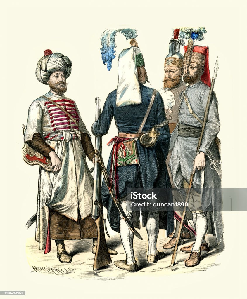 Historical illustration of Ottoman Janissary soldiers from the 17th and 18th centuries in traditional military attire.