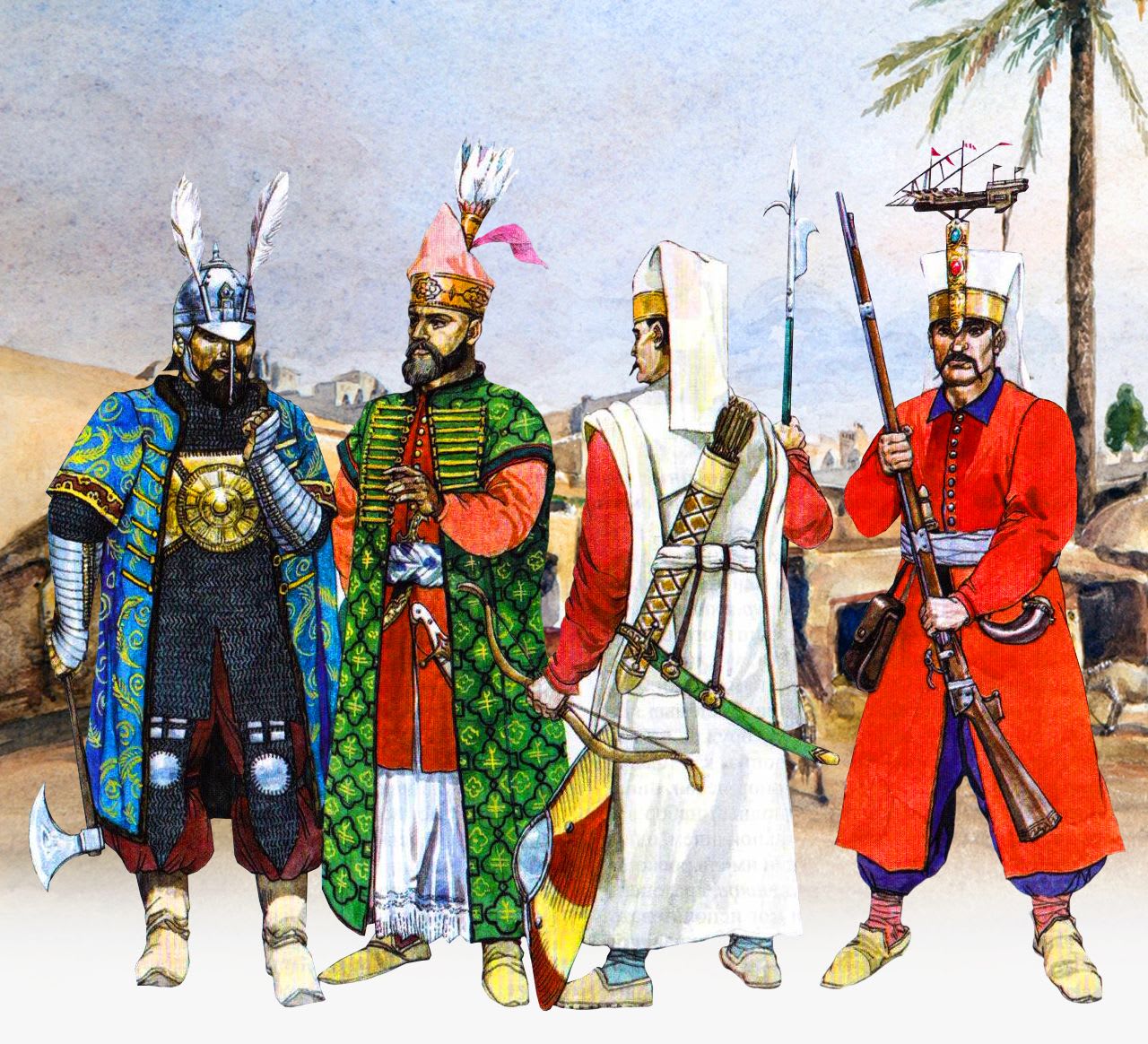 Illustration of Ottoman Janissary soldiers in traditional military attire and weaponry.