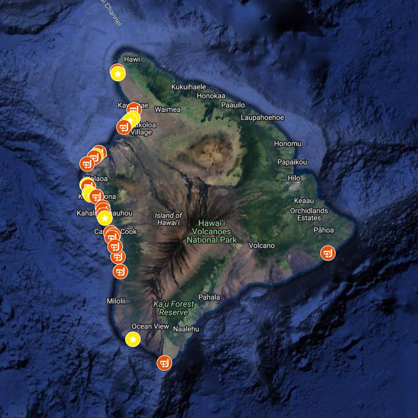 Satellite map of Big Island Hawaii showing key snorkeling spots along the coastline near Kailua-Kona and Ocean View