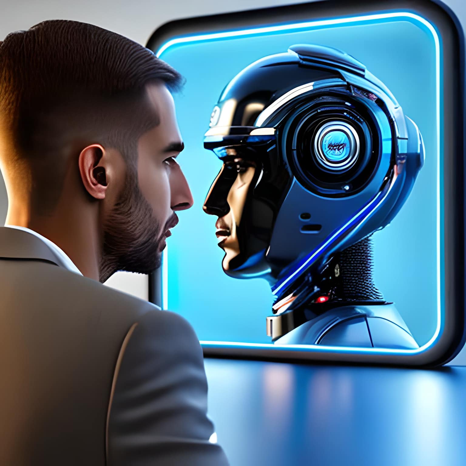 A man and a futuristic robot face each other closely, symbolizing the mirror-like confrontation between human consciousness and artificial intelligence