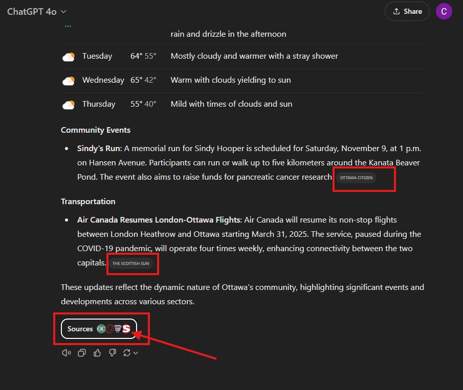 ChatGPT 4o interface showing localized weather, community events, and transportation updates with source citations