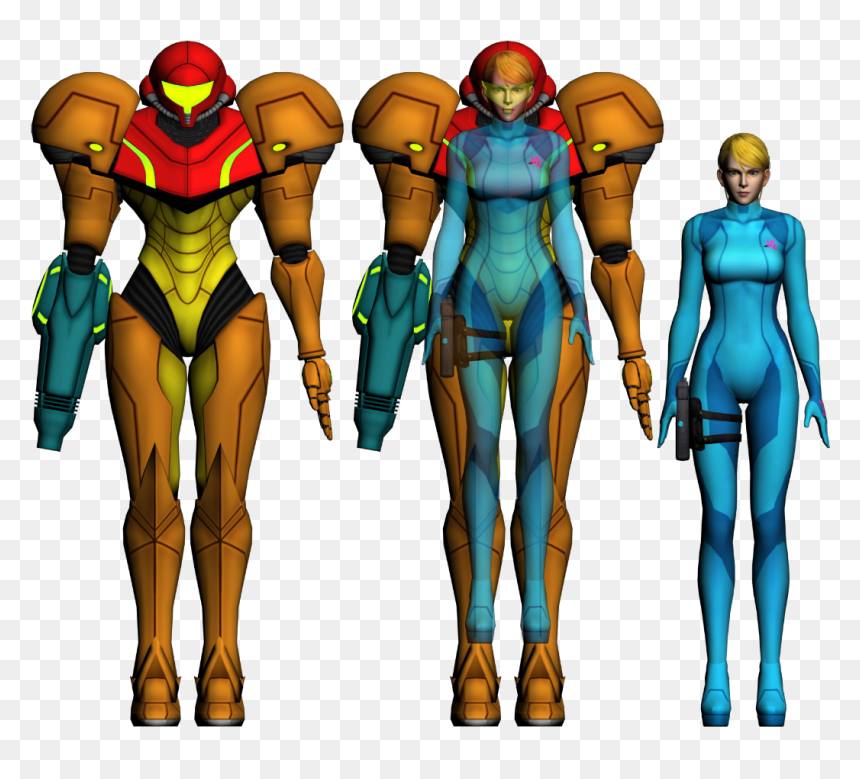 Samus Aran in her Power Suit and Zero Suit from the Metroid series, showing both armored and unarmored forms