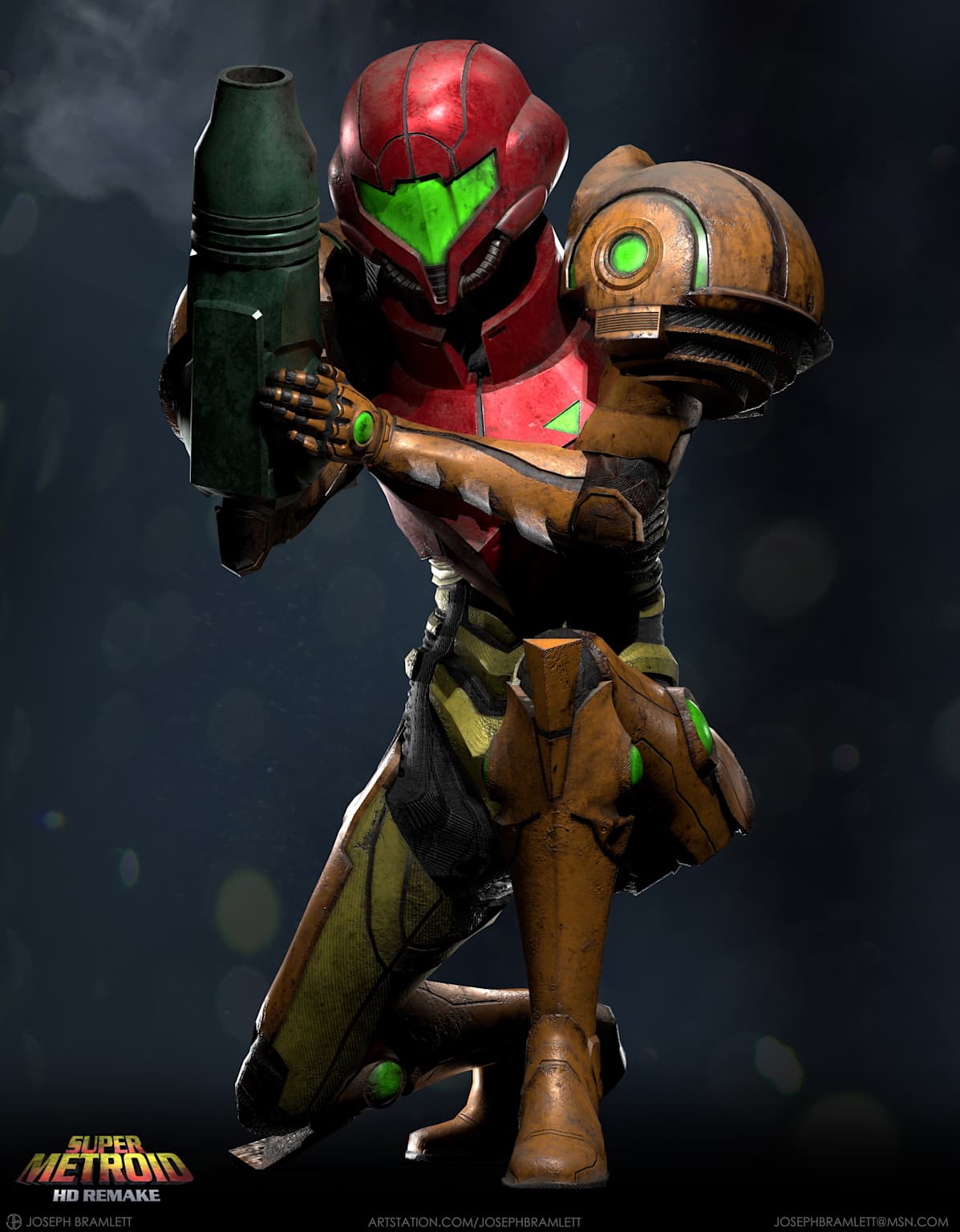 High-resolution fan art of Samus Aran in her iconic Power Suit from Super Metroid HD Remake