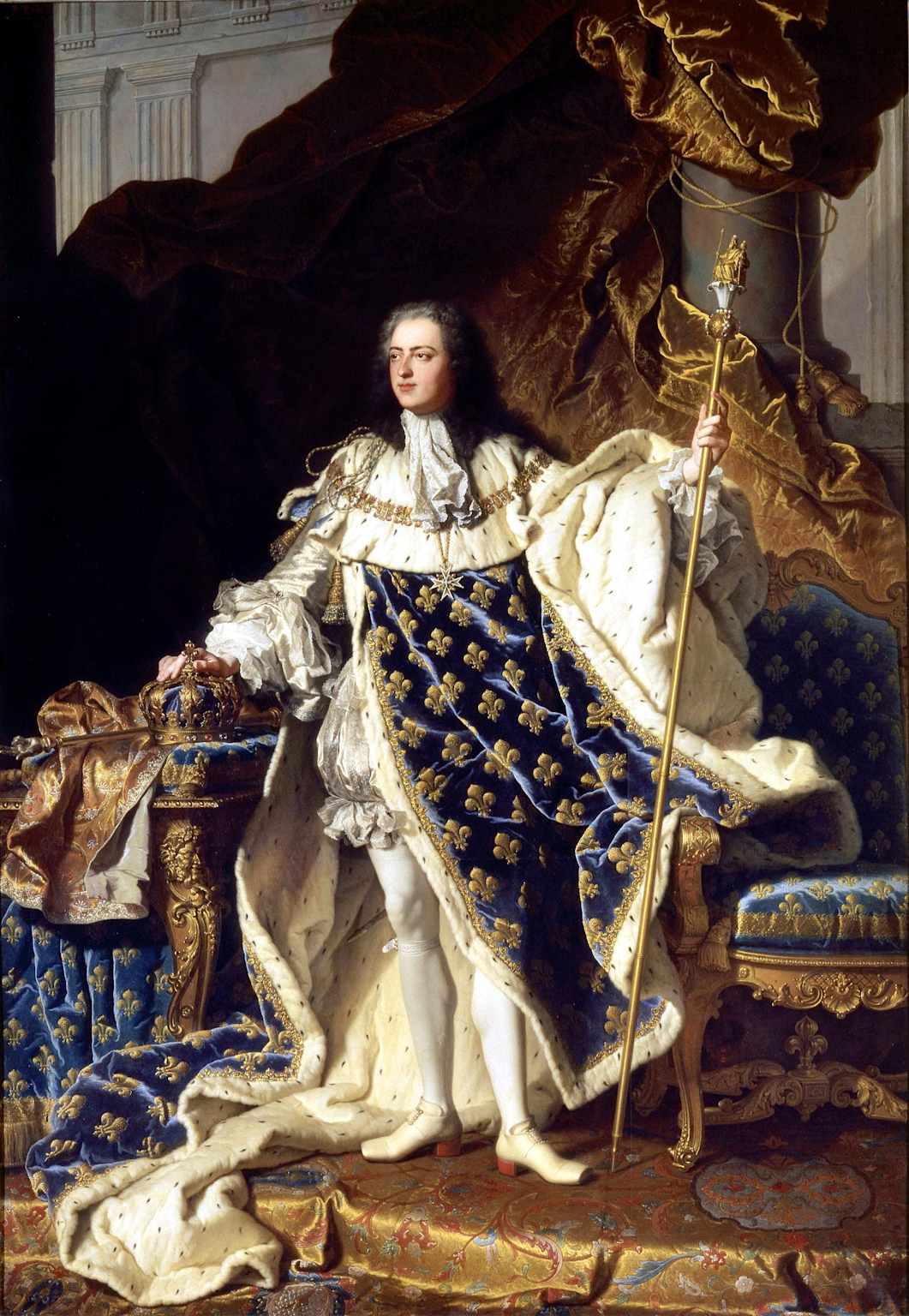 Portrait of Louis XV in royal regalia at the Palace of Versailles, exemplifying 18th-century French court opulence