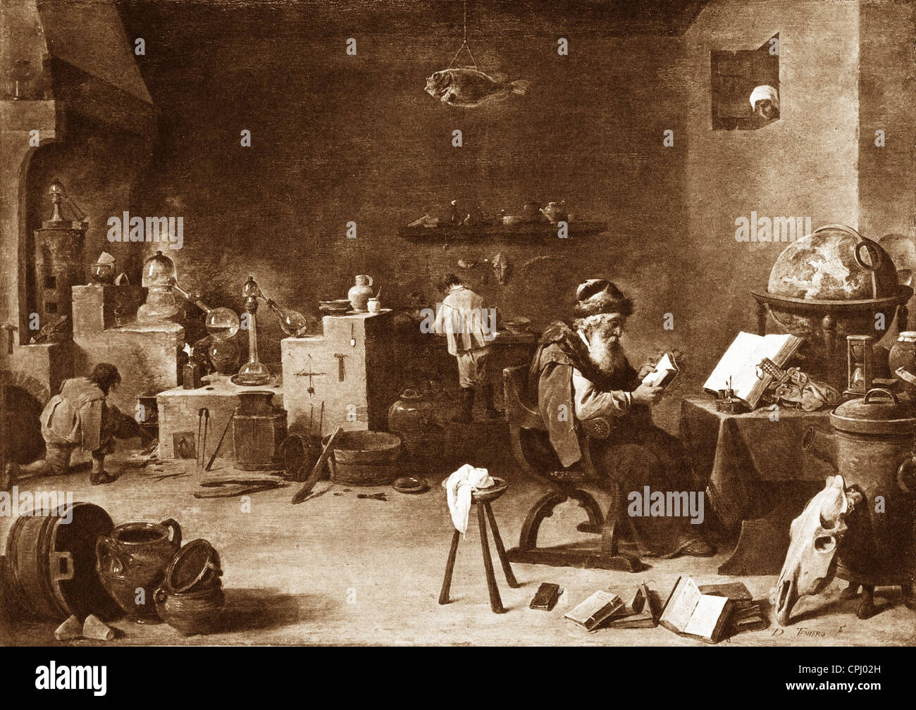 18th-century alchemist's laboratory with an elderly man reading and alchemical apparatus around