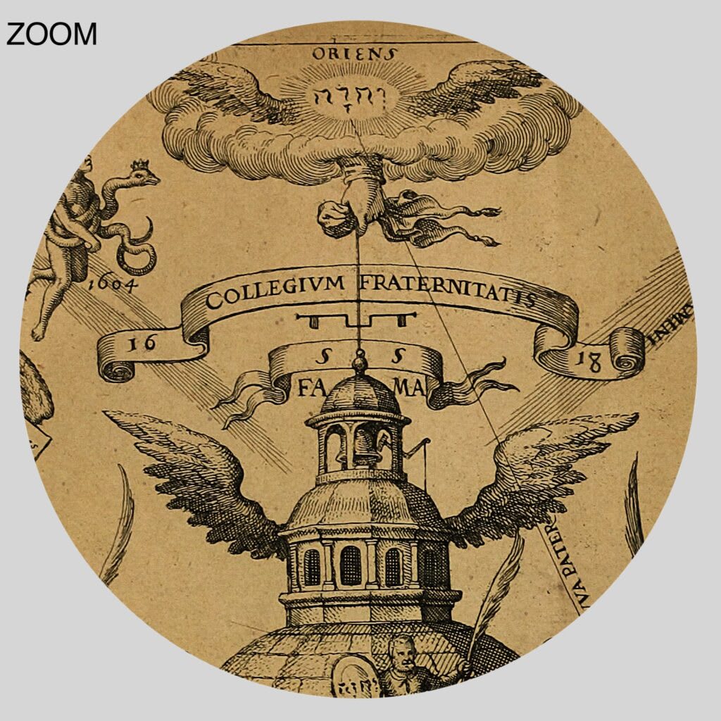 Detailed Rosicrucian alchemical illustration featuring the Temple of the Rosy Cross and symbolic elements from 1618