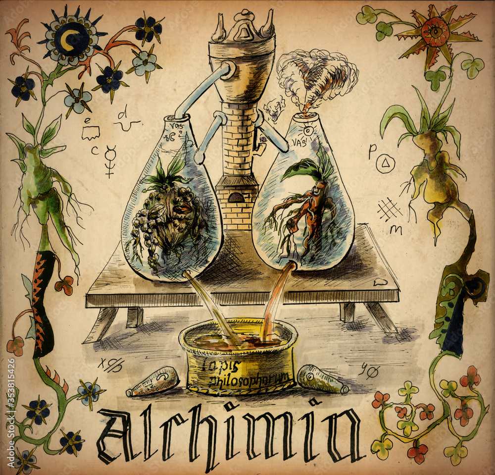 Medieval alchemical illustration showing the making of the philosopher's stone elixir with anthropomorphic plant roots and alchemical apparatus