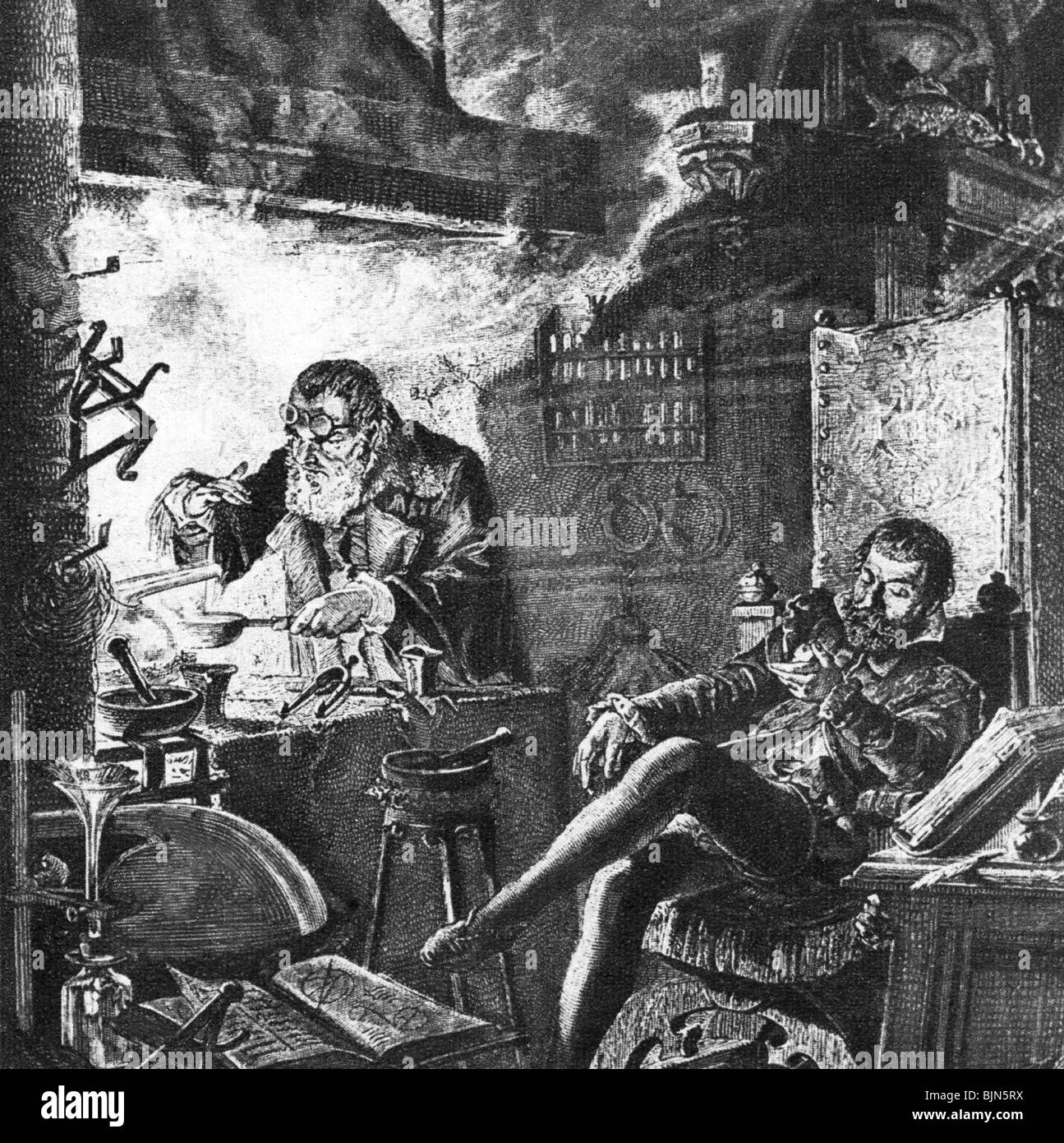 Medieval alchemy laboratory scene showing an alchemist working on an elixir and a scholar examining a substance, illustrating the historical context of the philosopher's stone and elixirs