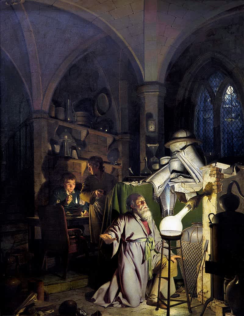Medieval alchemist in a laboratory experimenting with glowing alchemical apparatus symbolizing the quest for the philosopher's stone and elixir